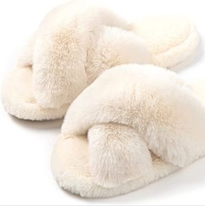Memory Foam Cross Band Faux Fur Fuzzy Cozy Anti-Skid Slippers